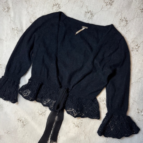 Free people angora blend boho tie‑front bolero cardigan w/ crochet trim – size m - Picture 2 of 5